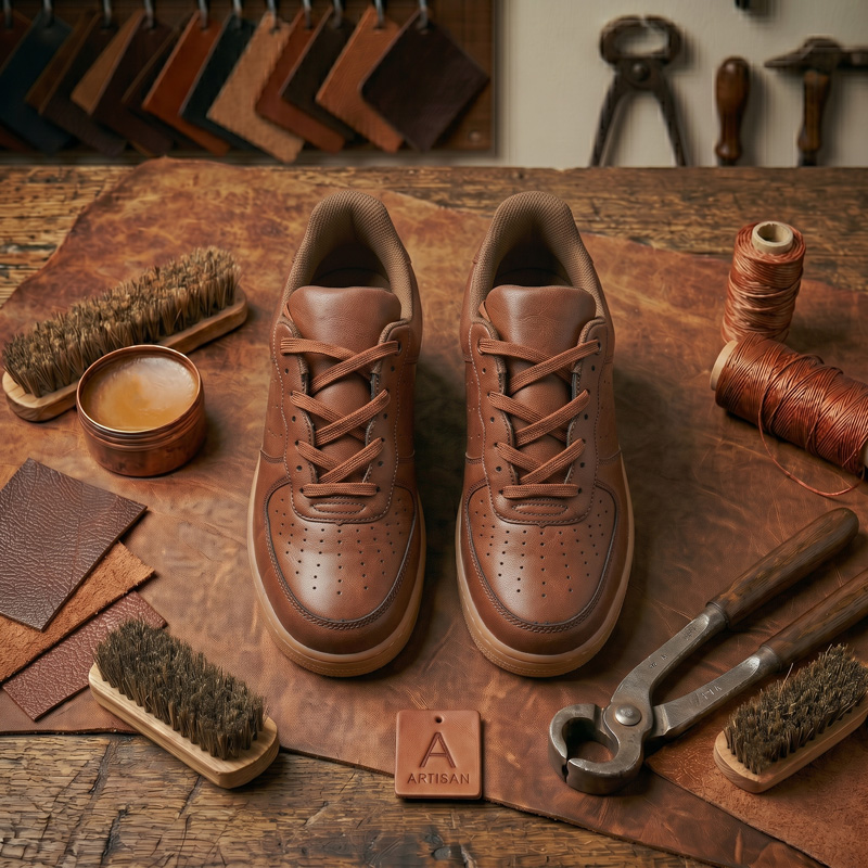 Top-down view of Oakwood Classic brown leather sneakers highlighting the inner lining and sleek silhouette.