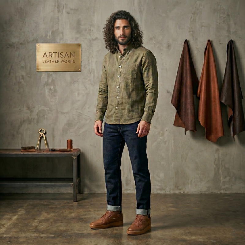 Male model wearing Oakwood Classic brown leather sneakers paired with dark denim jeans in an artisan leather workshop.
