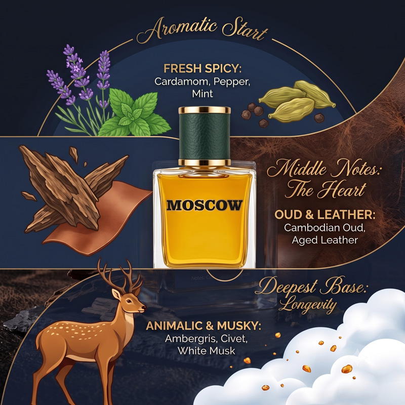 Infographic detailing the fragrance pyramid of Moscow Extrait de Parfum, highlighting fresh spicy top notes, heart notes of Cambodian oud and leather, and a deep base of animalic musk and ambergris.