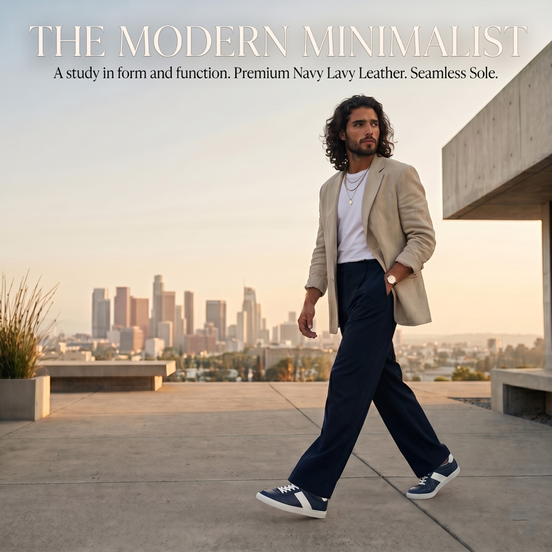A man walking outdoors in a city setting, wearing Retro Glide navy leather sneakers styled with navy trousers, a white t-shirt, and a beige blazer.