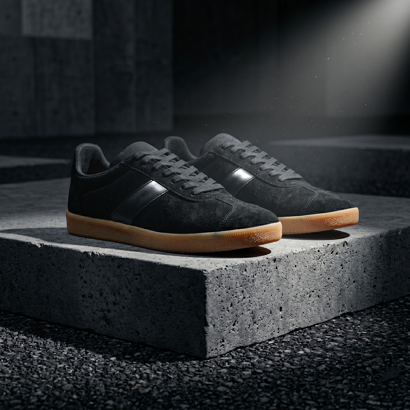 Asphalt black suede sneakers with a gum sole, side profile view resting on a concrete block