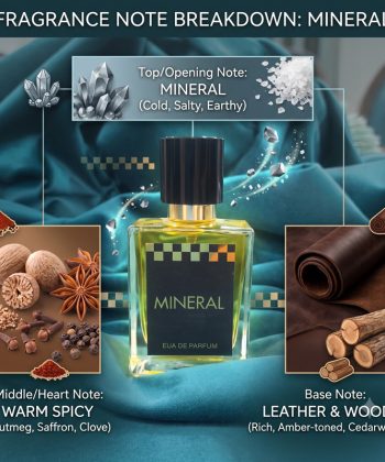 Alt Text: Infographic showing the fragrance notes of Mineral perfume by Gymkhana, including mineral top notes, warm spicy middle notes, and leather woody base notes.