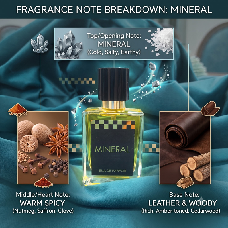 Alt Text: Infographic showing the fragrance notes of Mineral perfume by Gymkhana, including mineral top notes, warm spicy middle notes, and leather woody base notes.