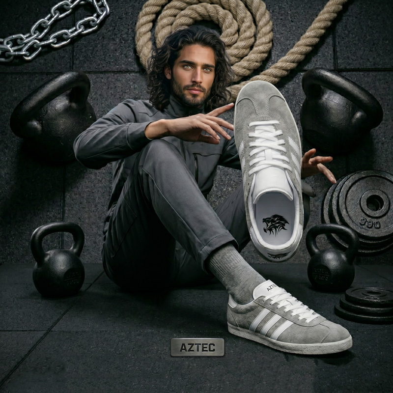 Male athlete sitting on a gym floor holding an Aztec grey suede sneaker toward the camera.