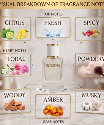 Visual breakdown of fragrance notes for Reference perfume, featuring the central glass bottle surrounded by top notes of citrus and fresh spices, heart notes of florals and powder, and base notes of wood, amber, and musk.