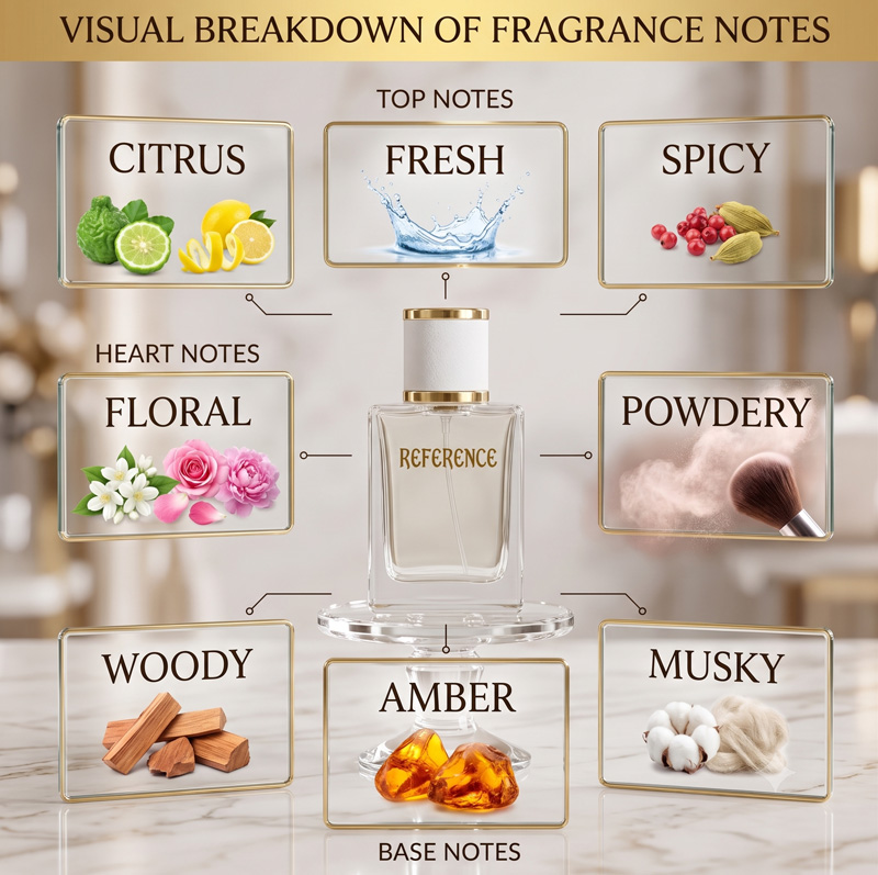 Visual breakdown of fragrance notes for Reference perfume, featuring the central glass bottle surrounded by top notes of citrus and fresh spices, heart notes of florals and powder, and base notes of wood, amber, and musk.
