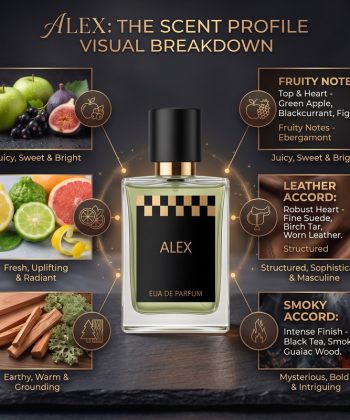 Alex Extrait de Parfum scent profile visual breakdown showing fruity top notes, leather accord, and smoky base notes.