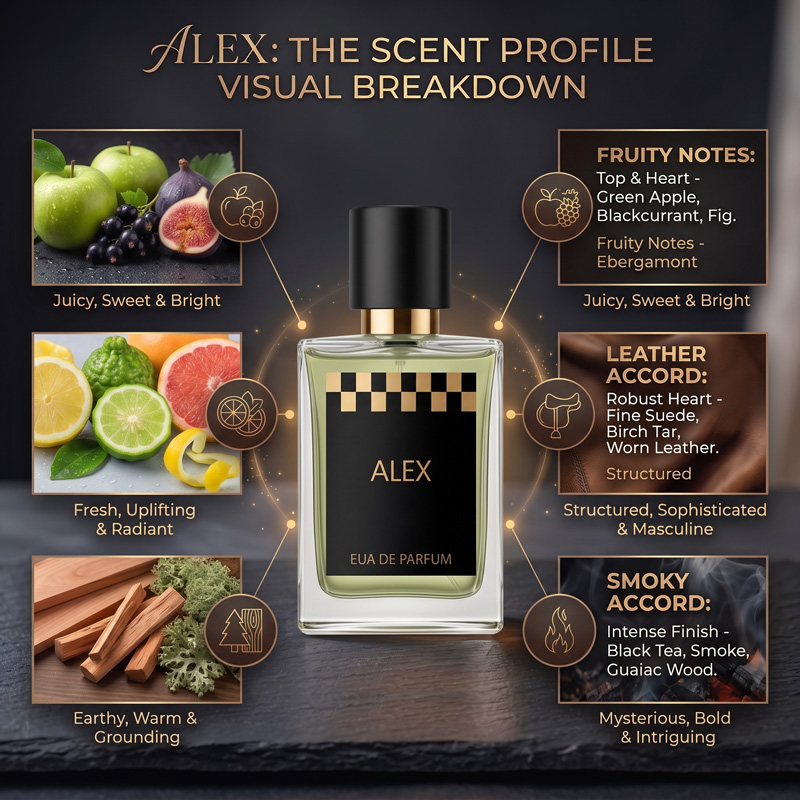 Alex Extrait de Parfum scent profile visual breakdown showing fruity top notes, leather accord, and smoky base notes.