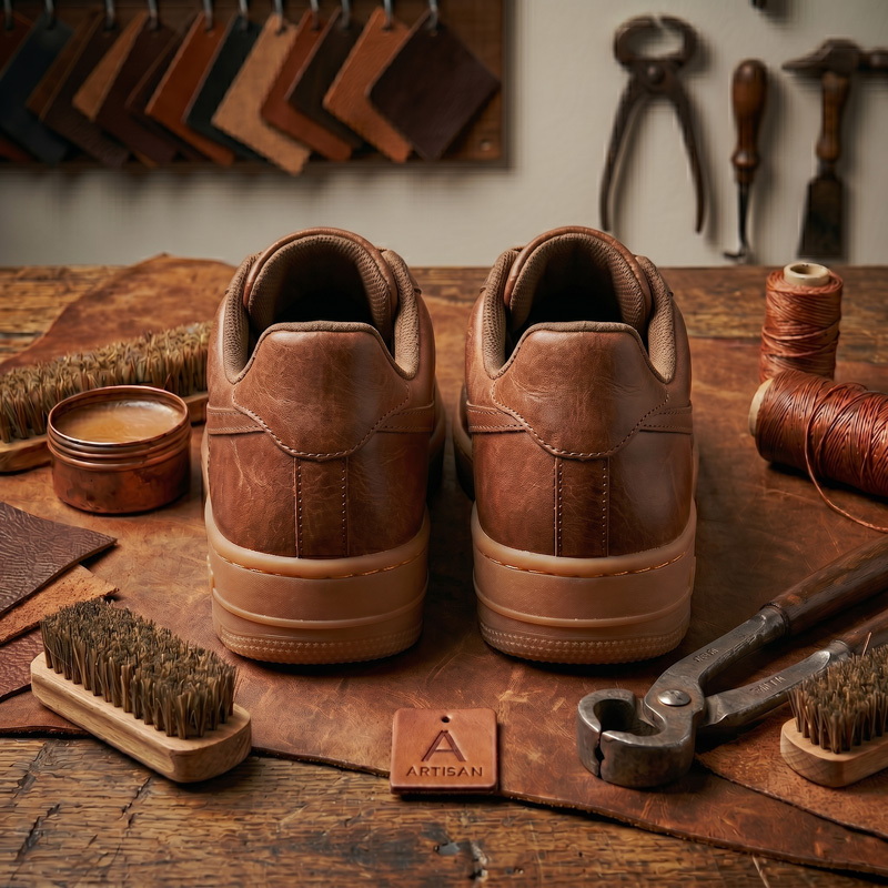 Back heel view of Oakwood Classic brown leather sneakers featuring stitched detailing and a padded collar
