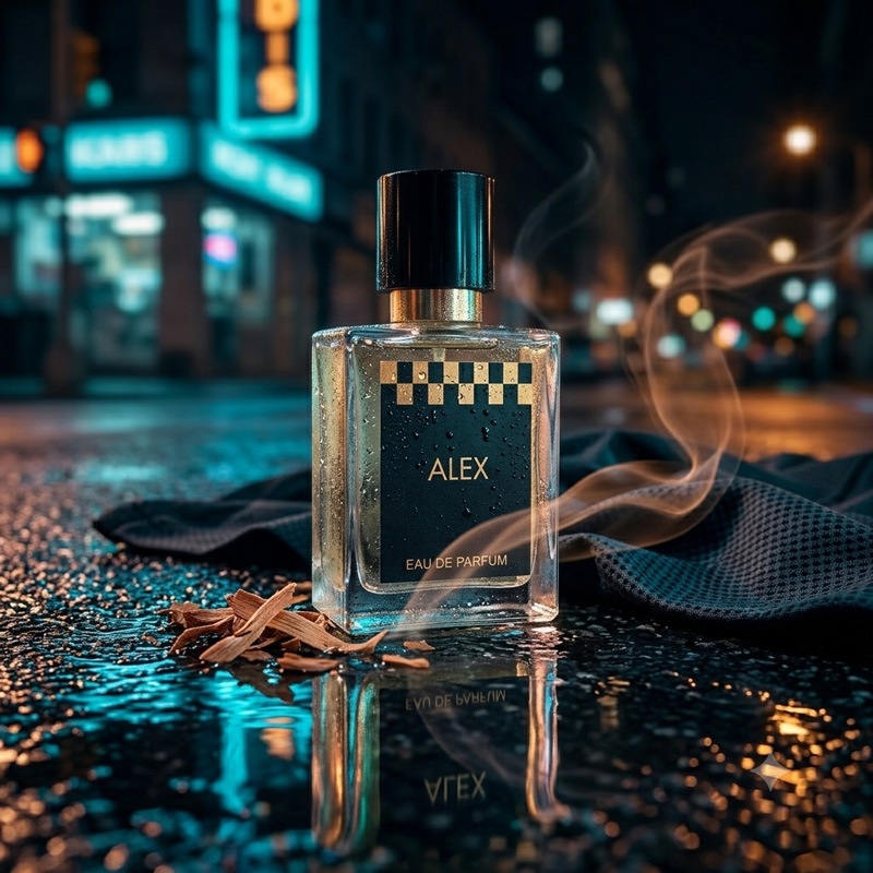 Alex Extrait de Parfum bottle sitting on wet pavement at night with atmospheric smoke and streetlights.