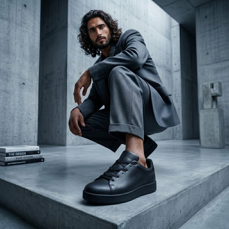 Male model crouching in a grey suit paired with the Noir Classic Leather Sneakers in a modern concrete setting.