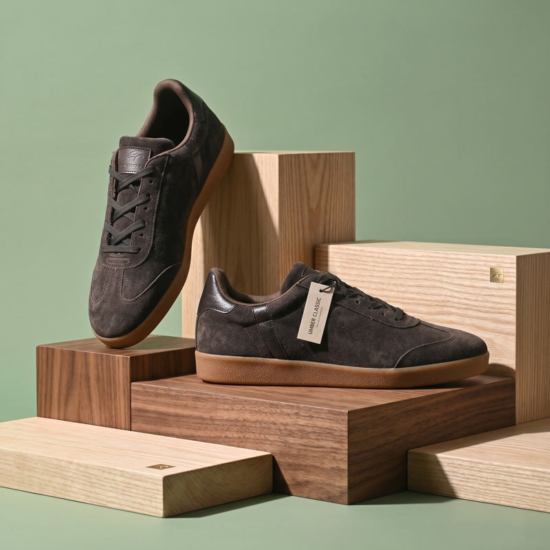 Pair of Umber Classic suede sneakers in dark brown with gum soles resting on wooden display blocks.