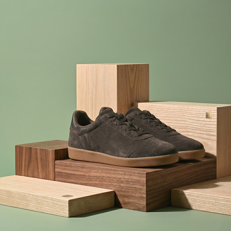 Side profile view of the Umber Classic suede sneakers showing the low-top silhouette and contrasting gum sole.