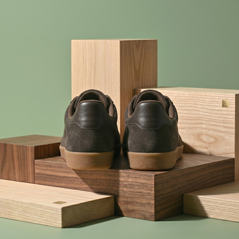 Rear heel view of the Umber Classic suede sneakers highlighting the smooth leather heel accent and sturdy gum sole