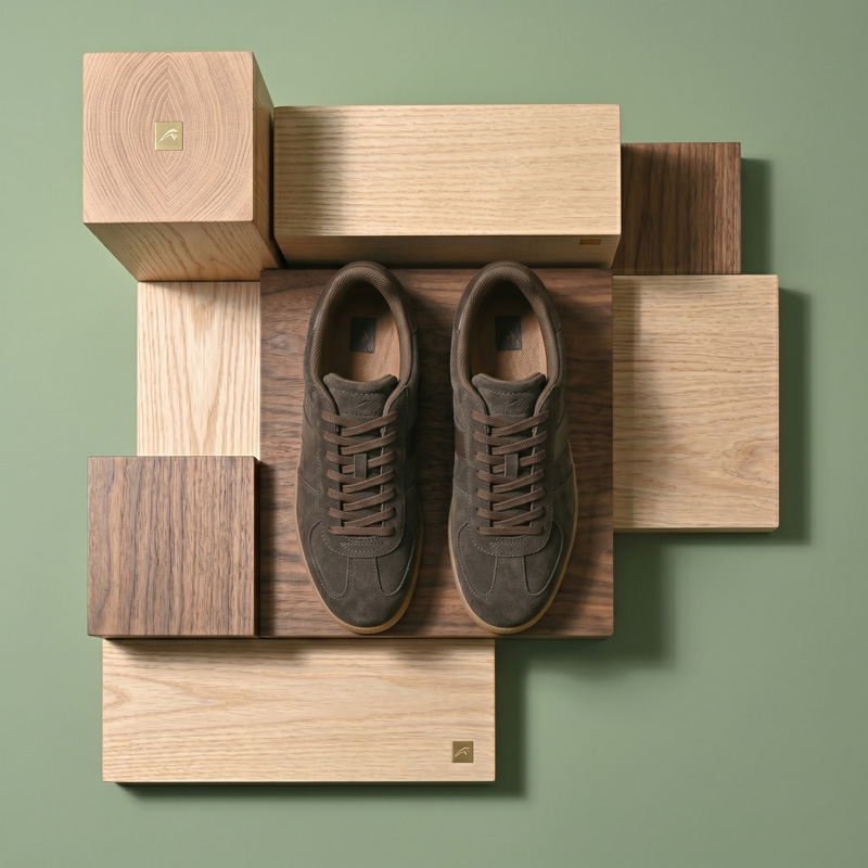 Top-down overhead view of the Umber Classic suede sneakers displaying the flat laces, tongue, and inner lining