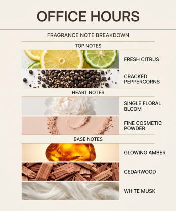 Infographic breaking down the fragrance notes of Office Hours perfume, displaying layers of fresh citrus, cracked peppercorns, floral bloom, cosmetic powder, glowing amber, cedarwood, and white musk.