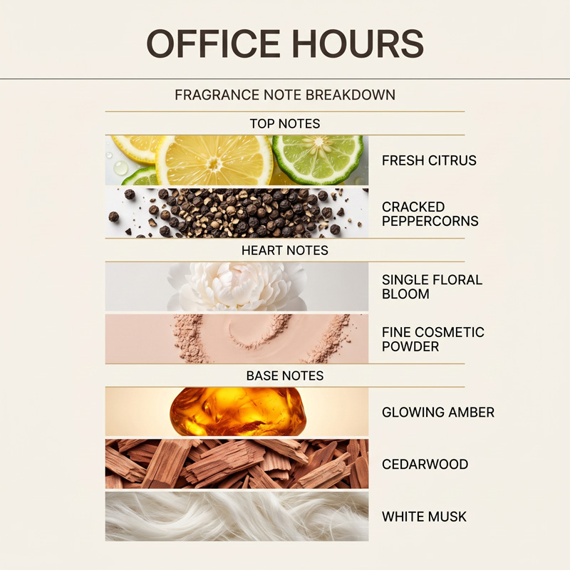 Infographic breaking down the fragrance notes of Office Hours perfume, displaying layers of fresh citrus, cracked peppercorns, floral bloom, cosmetic powder, glowing amber, cedarwood, and white musk.