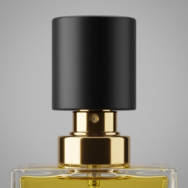 Close-up macro shot of the matte black cap and polished gold atomizer collar on the Mineral perfume bottle