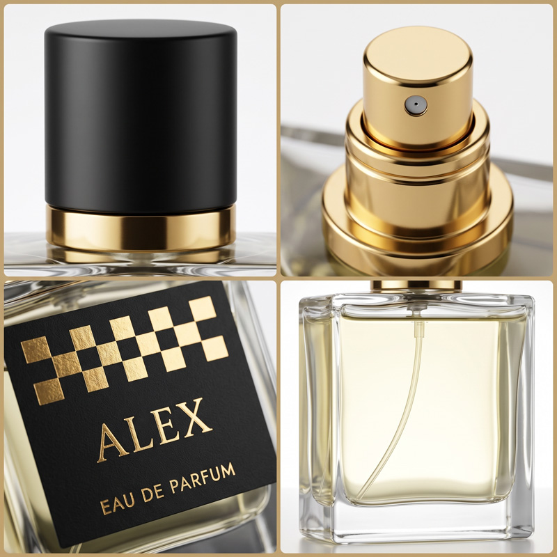 Four-panel detail grid of the Alex Extrait de Parfum bottle, showing the black cap, gold atomizer, black and gold label, and clear glass