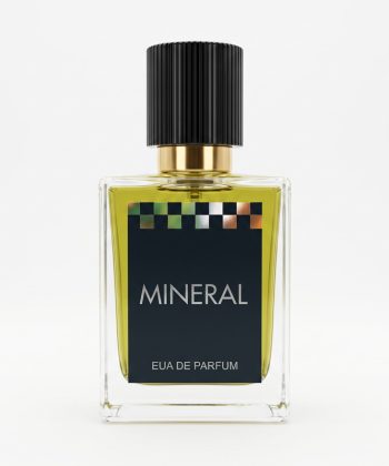 A glass bottle of Mineral Leather Perfume by Gymkhana on a clean white background.