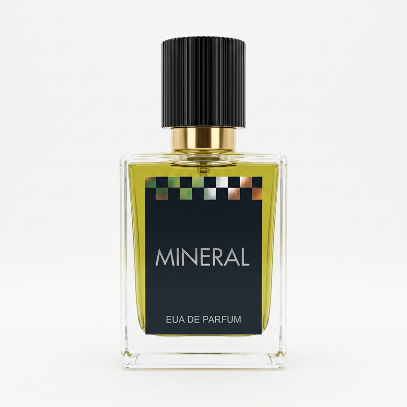 A glass bottle of Mineral Leather Perfume by Gymkhana on a clean white background.