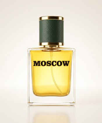 A clean studio shot of the Moscow Perfume bottle by Gymkhana, displaying golden amber liquid inside a square glass bottle with a green leather and gold cap, set against a pristine white background.