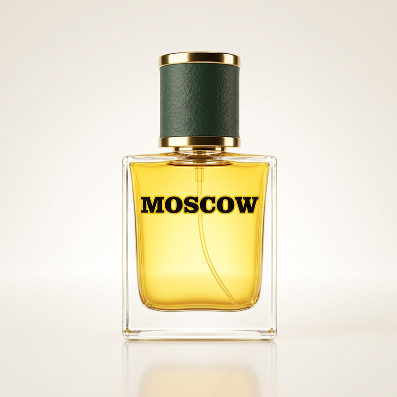 A clean studio shot of the Moscow Perfume bottle by Gymkhana, displaying golden amber liquid inside a square glass bottle with a green leather and gold cap, set against a pristine white background.