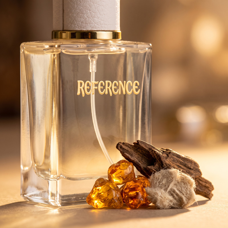 Reference perfume bottle bathed in warm, golden sunlight, styled on a neutral surface alongside raw amber chunks, aged wood, and raw cotton to represent its endurance base notes.