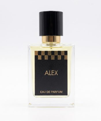 Front view of the Alex Extrait de Parfum bottle with a black and gold checkered label against a white background.