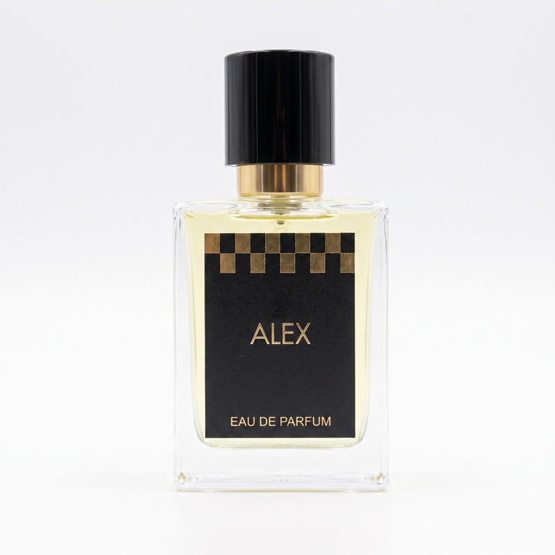 Front view of the Alex Extrait de Parfum bottle with a black and gold checkered label against a white background.