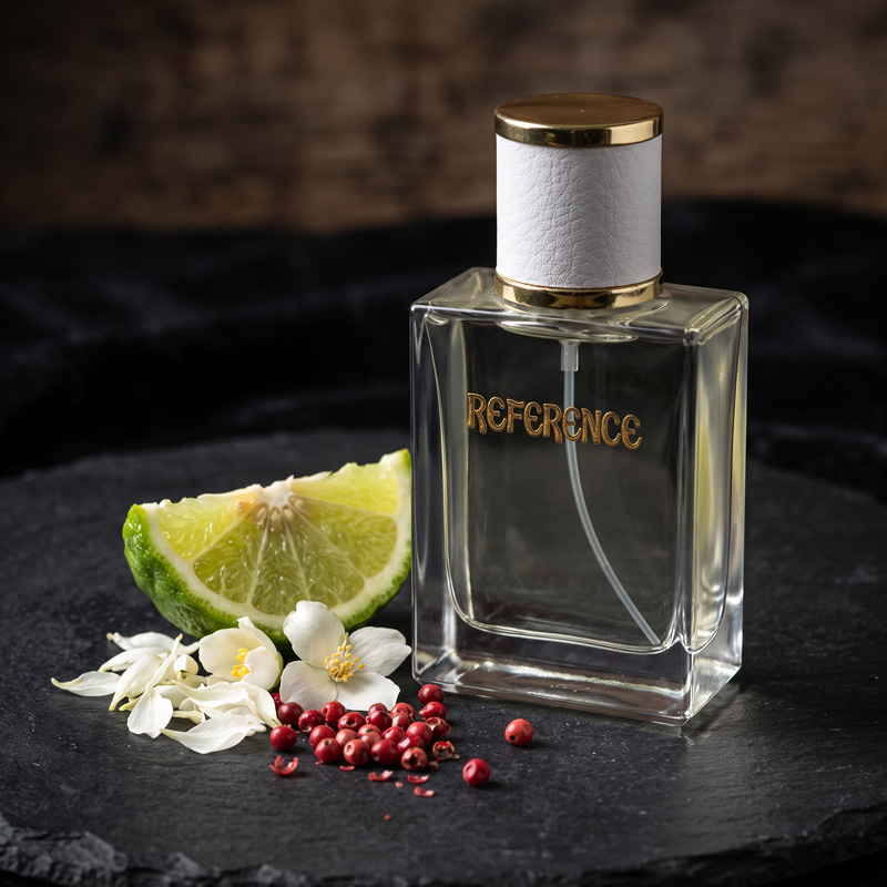 Reference perfume bottle displayed on a dark slate surface, accompanied by fresh scent ingredients including a slice of green citrus, white floral petals, and vibrant pink peppercorns.