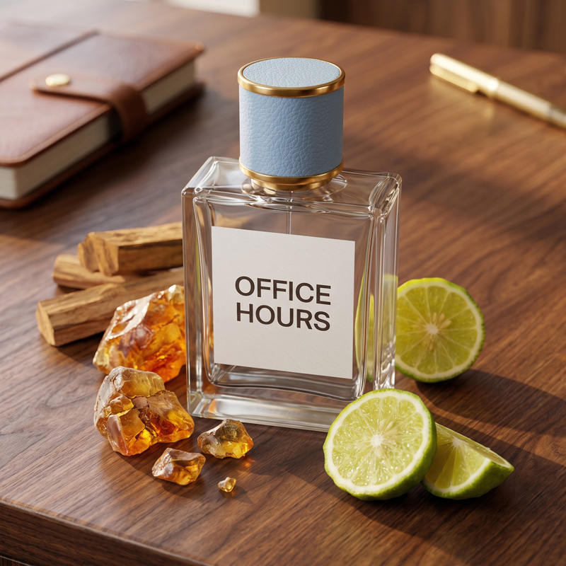 Office Hours perfume bottle resting on a wooden desk surrounded by fresh cut citrus, glowing amber resin chunks, and natural cedarwood sticks next to a leather notebook.