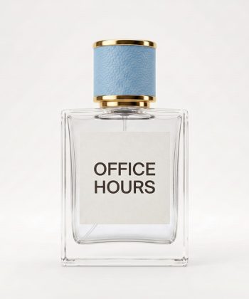 Front view of the Office Hours perfume bottle featuring a minimalist white label, gold accents, and a light blue textured cap on a clean white background.
