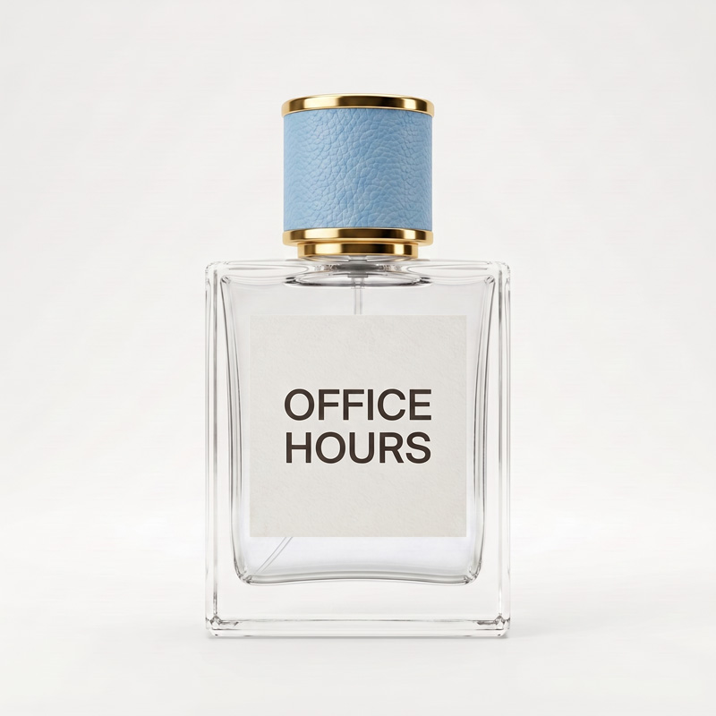 Front view of the Office Hours perfume bottle featuring a minimalist white label, gold accents, and a light blue textured cap on a clean white background.