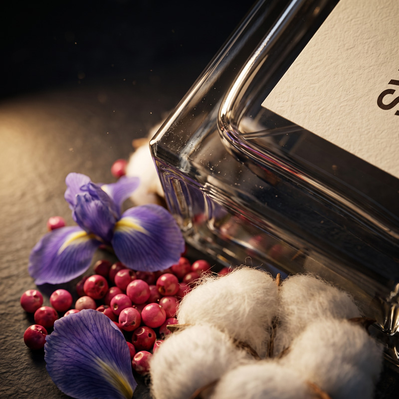 Corner of the glass Office Hours perfume bottle resting on dark slate, surrounded by bright pink peppercorns, vibrant purple flower petals, and raw white cotton.