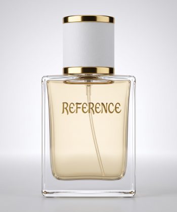 Front view of the Reference perfume bottle against a pure white studio background, displaying the golden fragrance liquid, white textured cap, and gold branding.